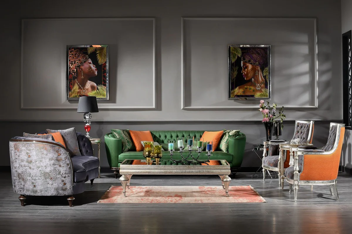 Luxury Baroque Living Room Set Purple / Green / Silver - 2 Sofas & 2 Armchairs & 1 Coffee Table - Handmade Living Room Furniture in Baroque Style - Noble & Magnificent