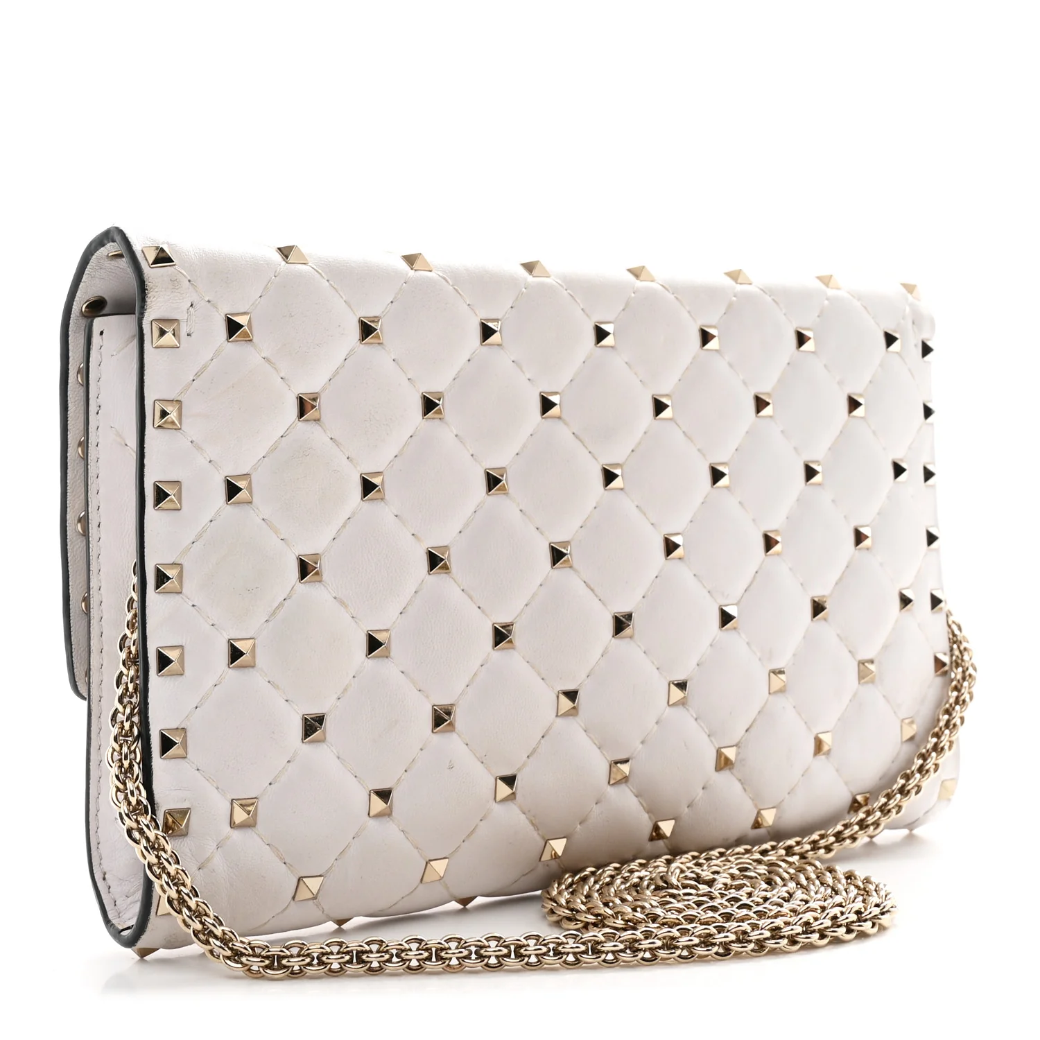 Lambskin VLTN Print Rockstud Spike Wallet On Chain White - Top Club