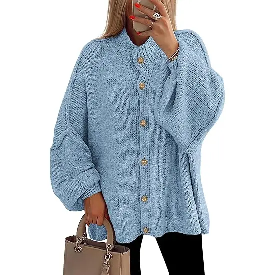 PrettyGarden Women's Winter Button Down Cardigan Sweaters Mock Neck Lantern Long Sleeve Chunky Knit Jacket Trendy Outerwear