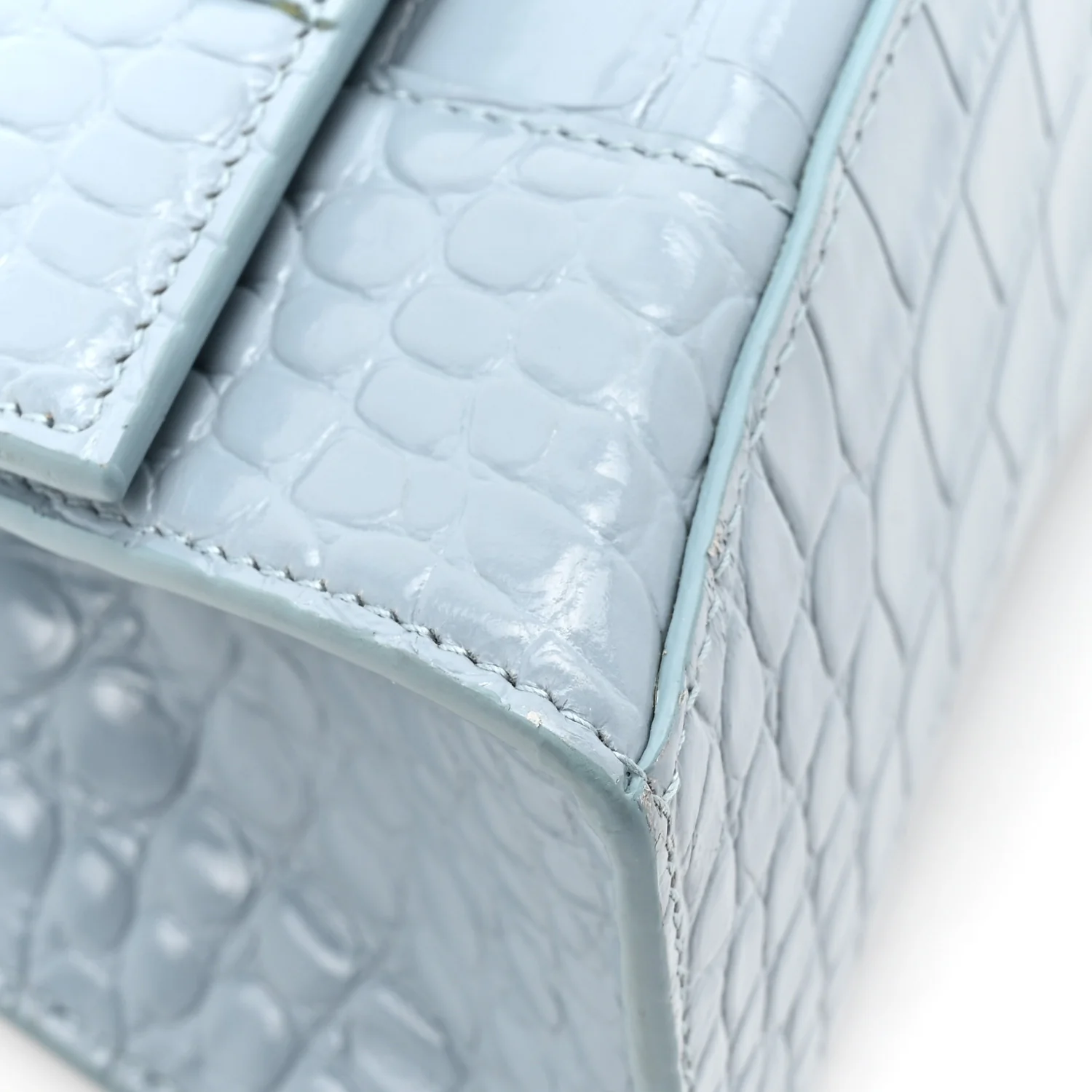 Shiny Calfskin Crocodile Embossed Small Hourglass Top Handle Bag Blue Grey - Top Club