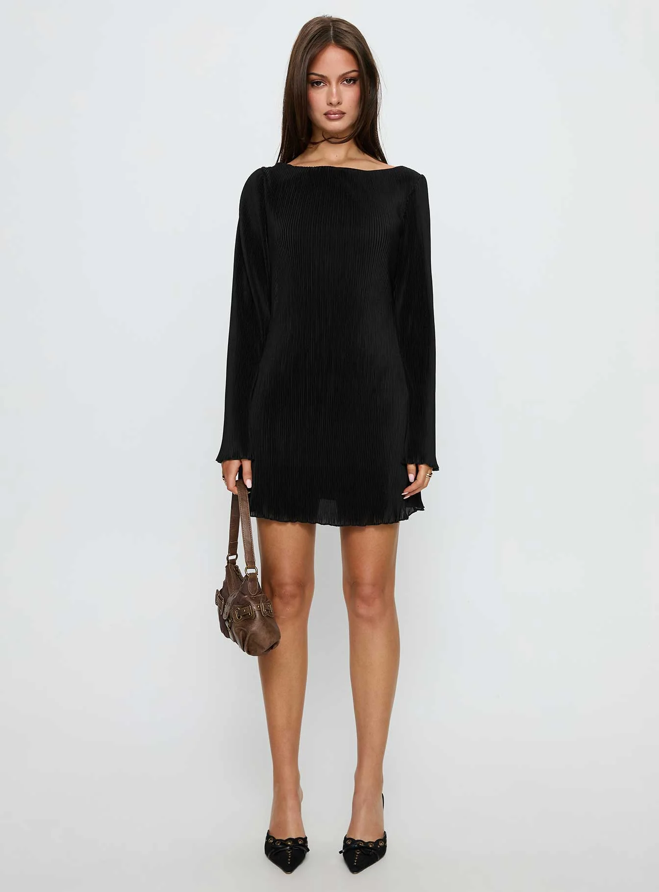 Lukea Long Sleeve Plisse Mini Dress Black