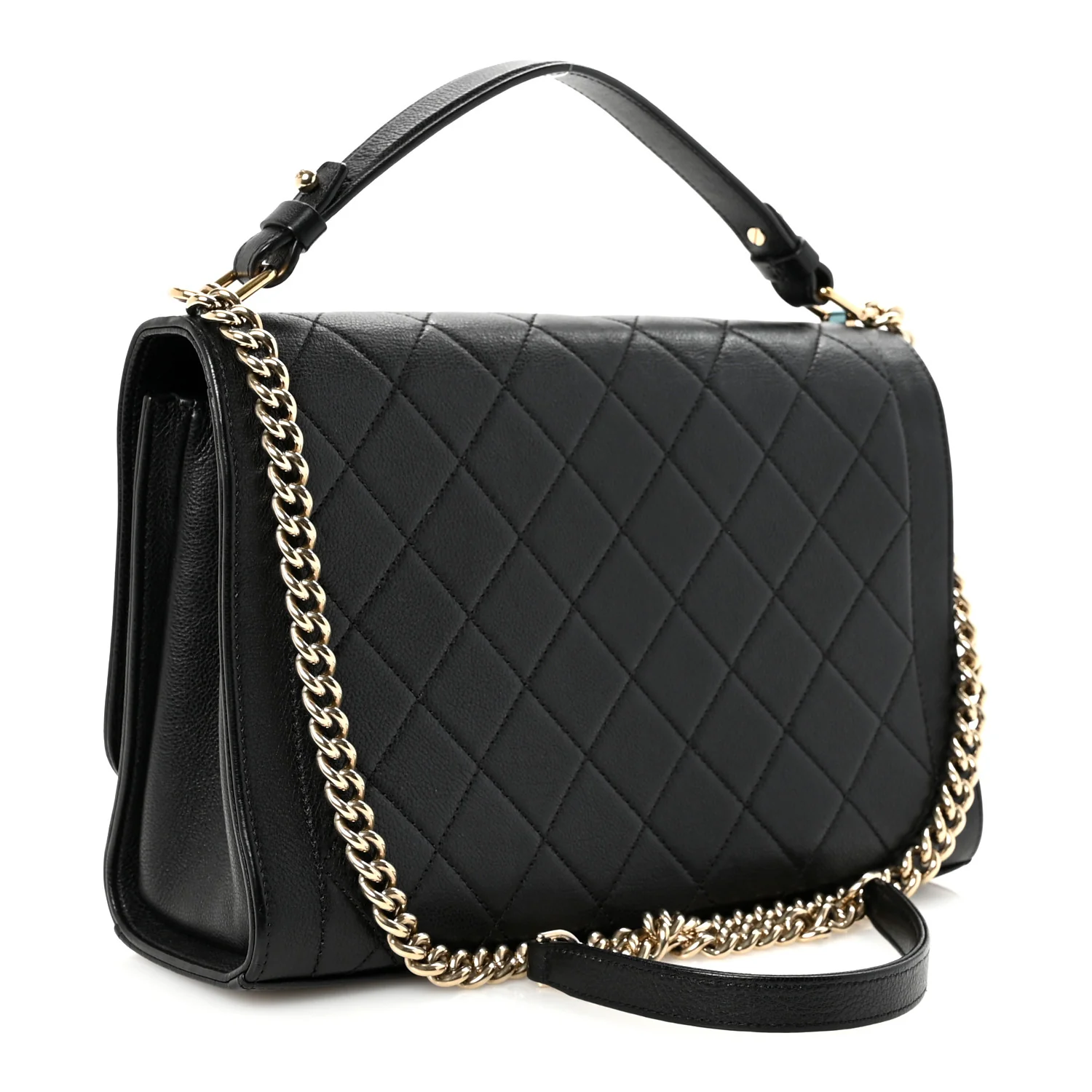 Grained Calfskin Quilted Large Label Click Flap Bag Black - Top Club