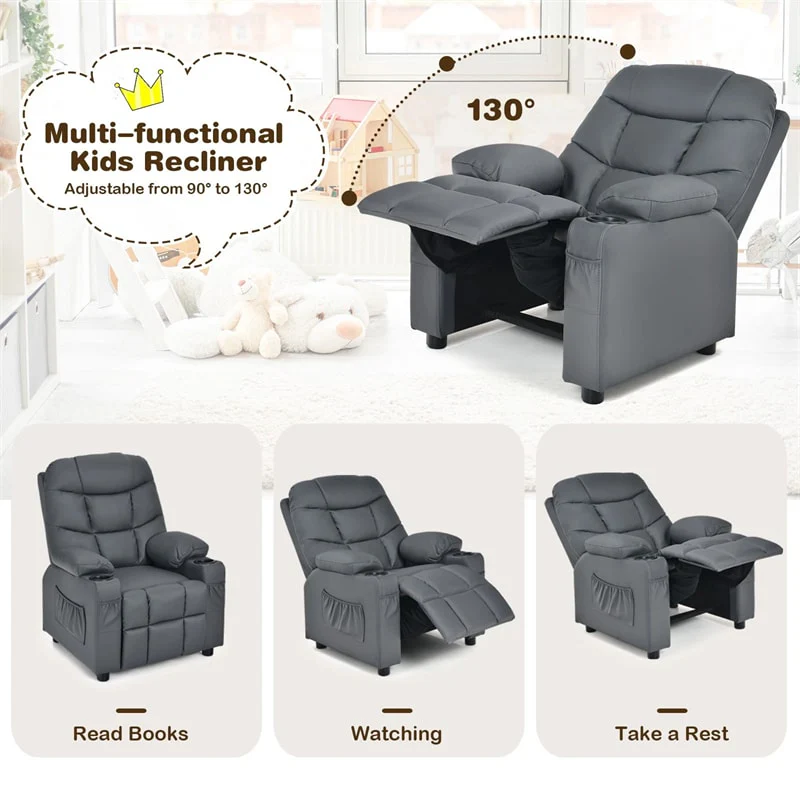 Kids Recliner Chair PU Leather Adjustable Lounge Sofa with Cup Holder, 3 Pockets & Retractable Footrest, Ergonomic Toddler Furniture Sofa