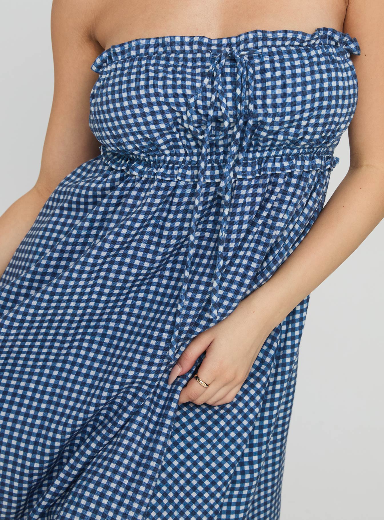 Held My Breath Strapless Babydoll Mini Dress Blue Gingham