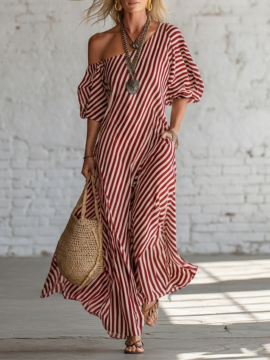 Elegant And Classic Striped Off-shoulder Maxi Dress - Nordfashionstorm - Women's Clothing, Fashion for You - Nordfashionstorm.com