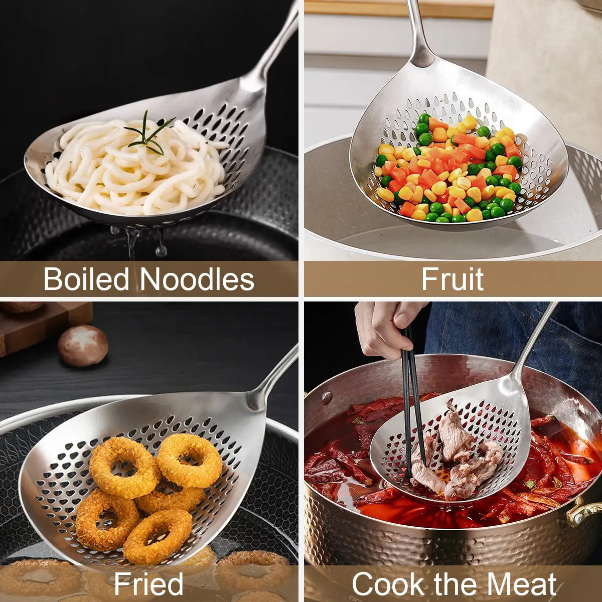 1pc Extra-Long Handle Stainless Steel Slotted Spoon - Heat Resistant Cooking Utensils with Hanging Hole, Brushed Draining Spoons for Noodles, Cooking Accessories for Everyday Cooking