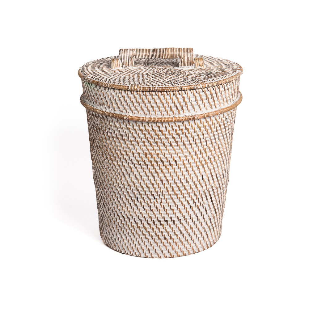 Prullenbak met deksel naturel white wash rattan