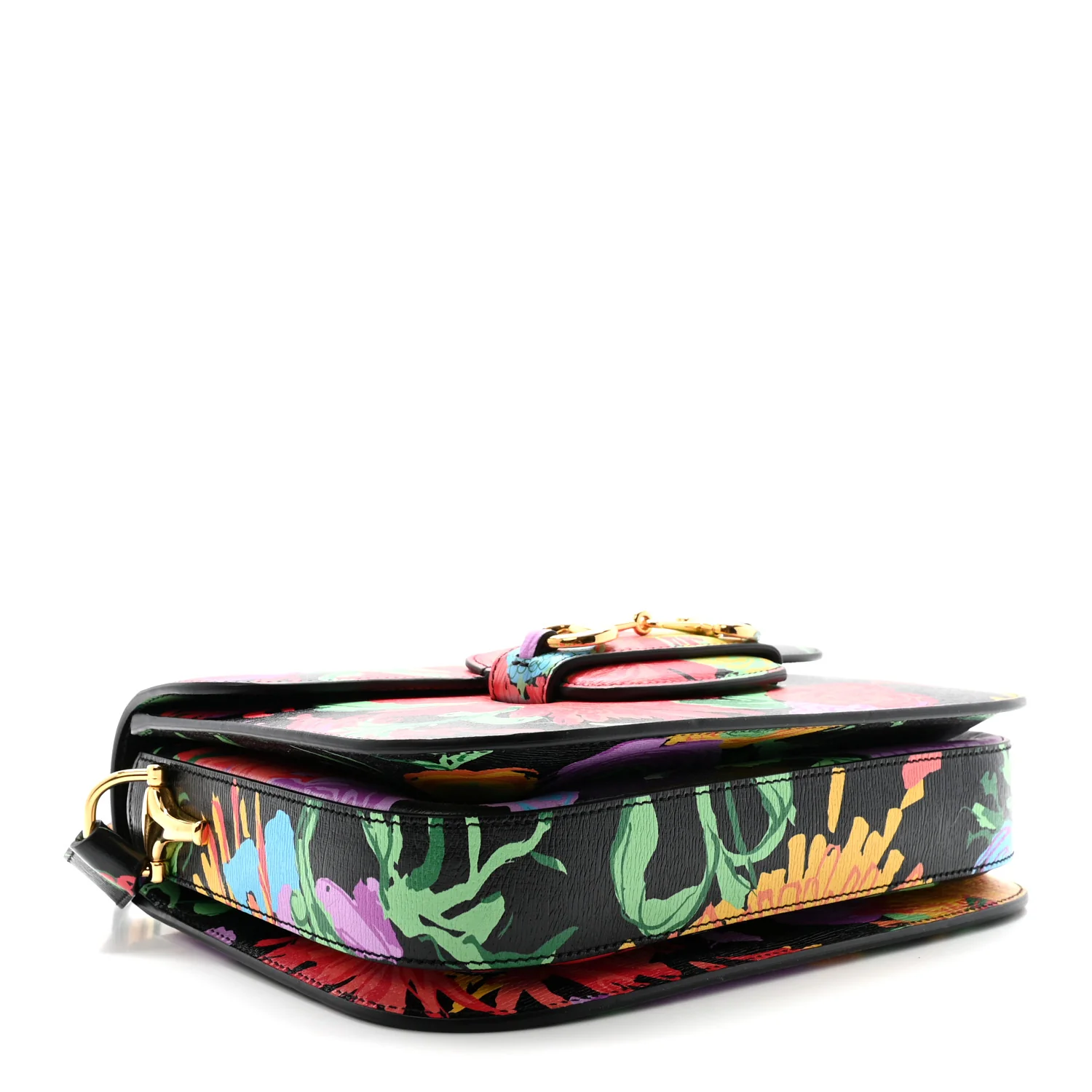 X KEN SCOTT New Shangai Calfskin Jenny Floral Print Horsebit 1955 Shoulder Bag Black Pink - Top Club