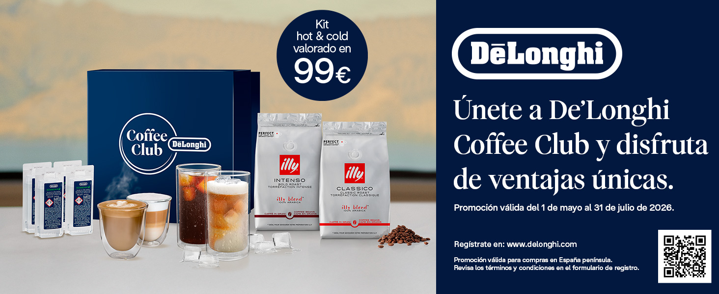 El texto dice «Caffè Vergnano», «99¢», «DeLonghi», «Únete a DeLonghi Coffee Club y disfruta de ventajas únicas». Promoción de café de DeLonghi que muestra cajas de productos, paquetes de café y accesorios con un código QR sobre fondo azul marino.