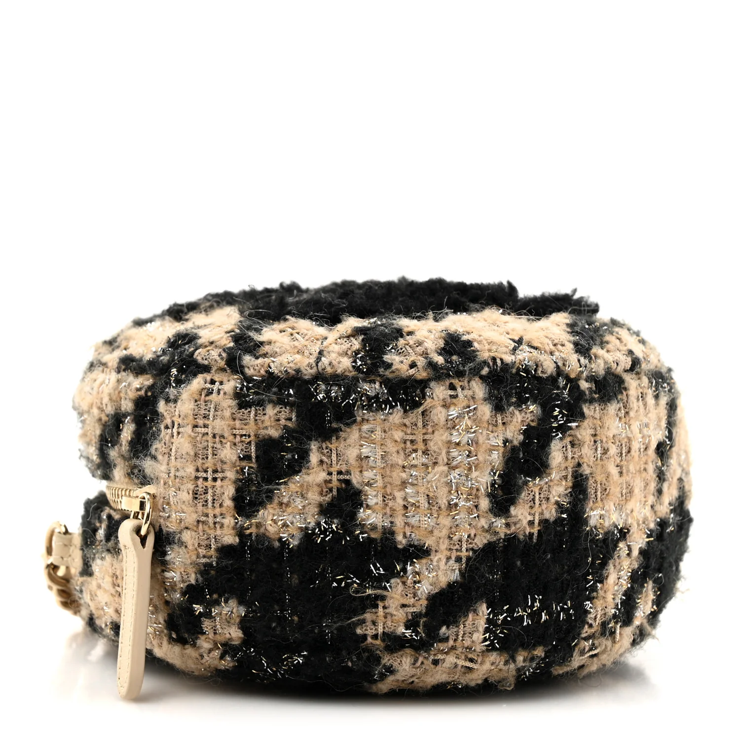 Tweed Shearling Round Clutch With Chain and Coin Purse Beige Black - Top Club
