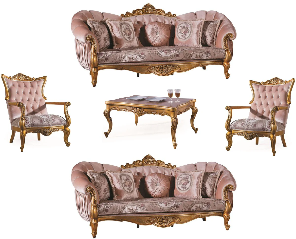Luxury Baroque Living Room Set Pink / Gold - 2 Sofas & 2 Armchairs & 1 Coffee Table - Living Room Furniture - Noble & Magnificent