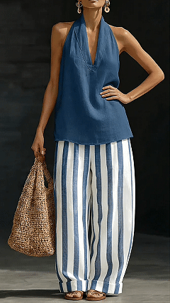 Women's Cotton Linen Halter Stripe Wide-Leg Set - Nordfashionstorm - Women's Clothing, Fashion for You - Nordfashionstorm.com