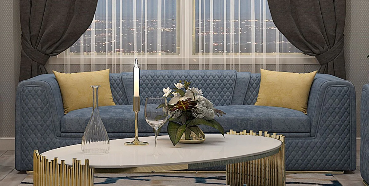 Luxury living room & hotel sofa blue / gold 260 cm