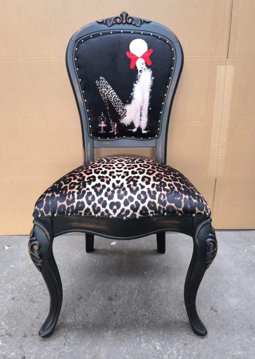 Luxury Baroque Dining Room Chair Leopard / Black H. 110 cm - Dining Room Furniture