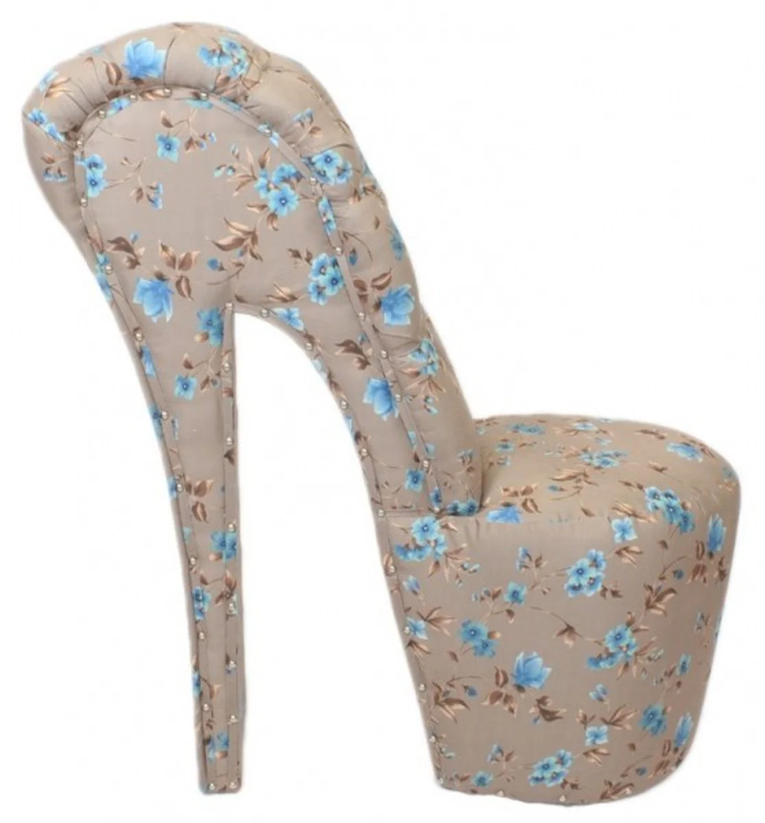 High Heel Armchair Flower Pattern Cream / Blue Luxury Design - Designer Armchair - Club Furniture - Shoe Chair Armchair