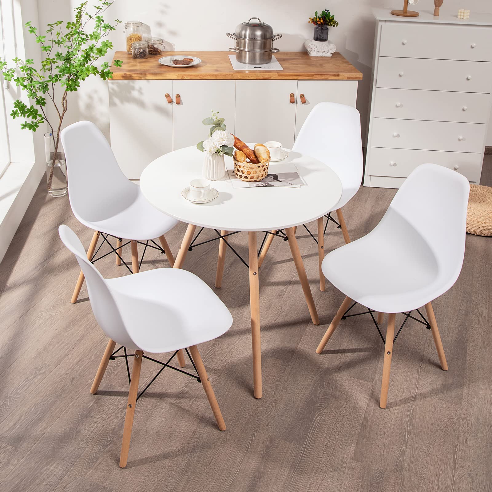 BEFOUNDLOVELY Round Dining Table Set for 4, Modern Circle Kitchen Table & 4 Chairs with Ergonomic Seats and Solid Wood Legs