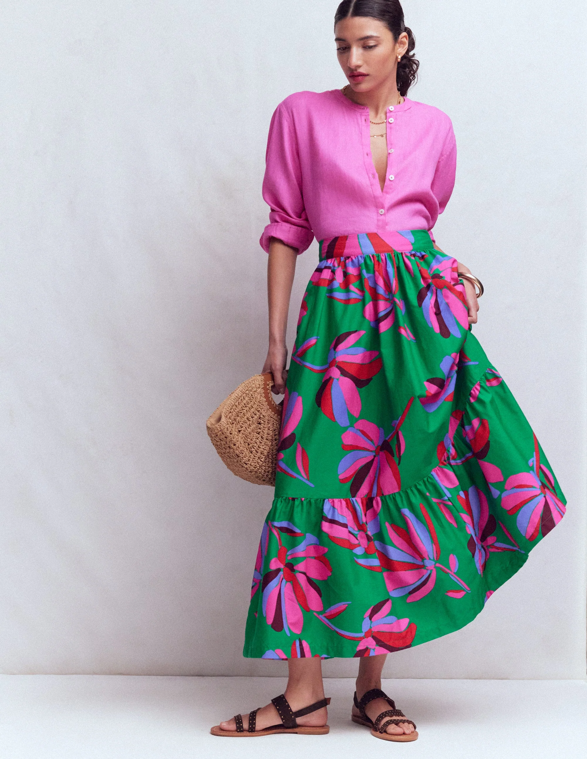 Abigail Popeline-Maxirock-Grün, Gänseblümchen-Kaskade