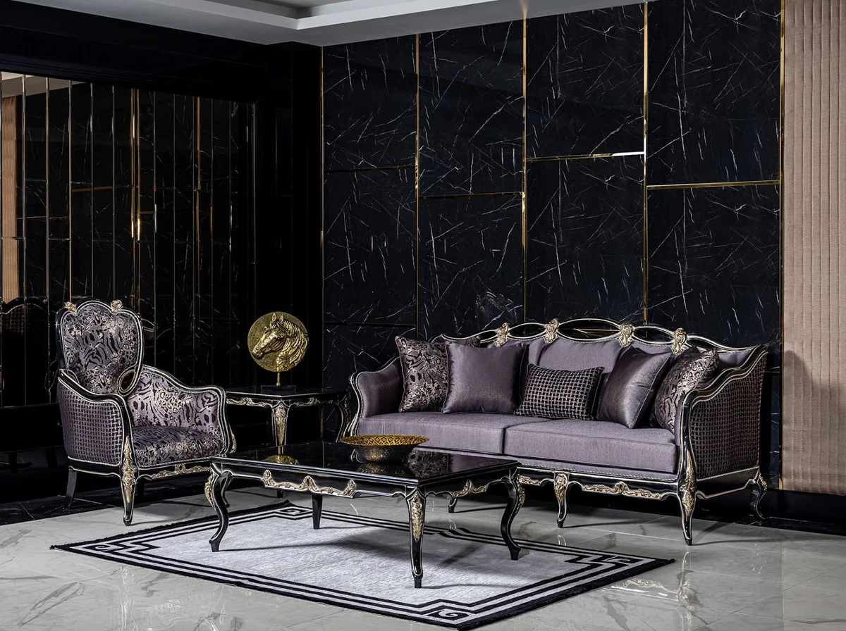 Luxury baroque living room set purple / black / gold - 2 sofas & 2 armchairs & 1 coffee table - magnificent living room furniture in baroque style