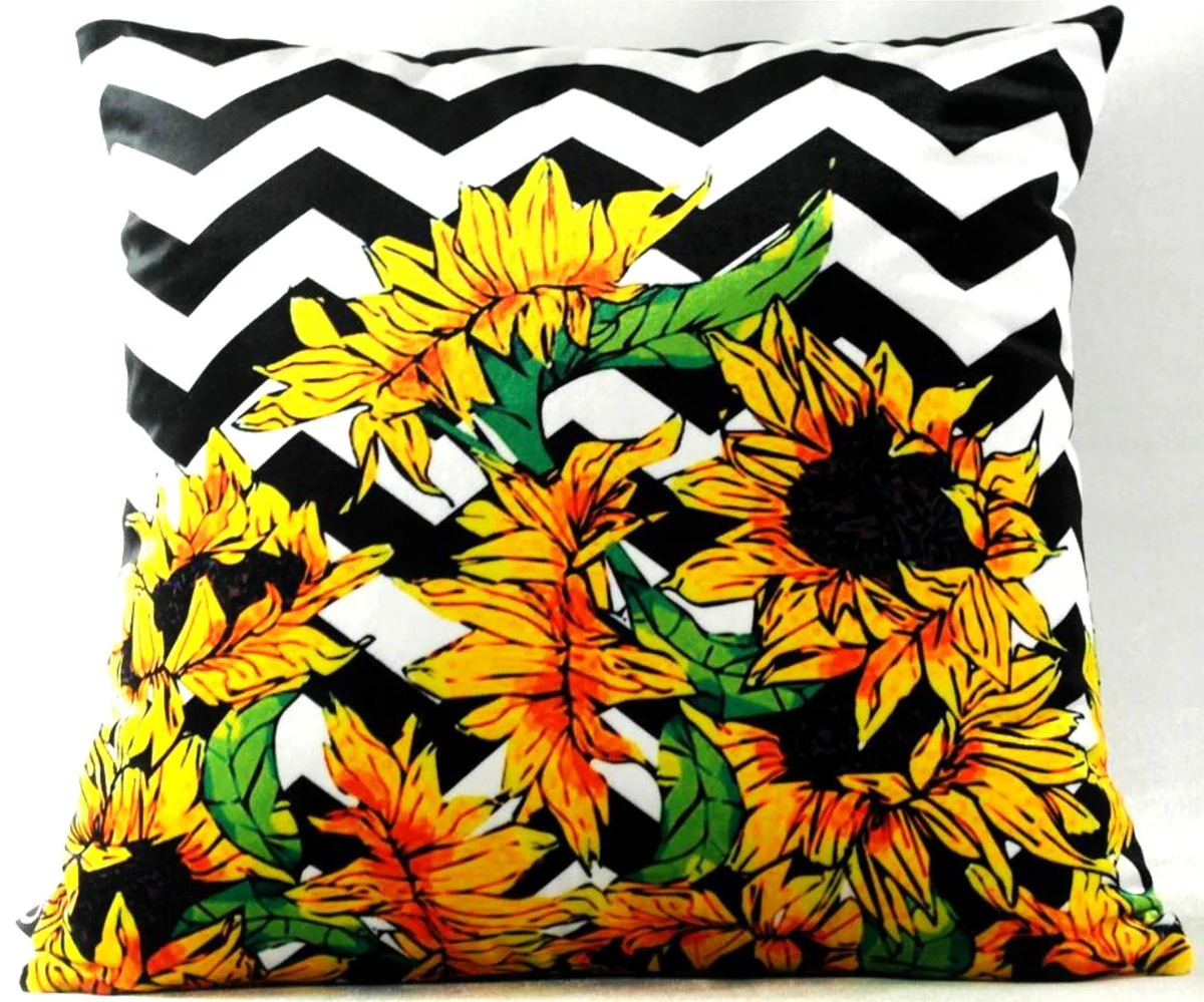 Luxury decorative cushion Virginia Sunflowers black / white / multicolored 45 x 45 cm - finest velvet fabric - living room cushion