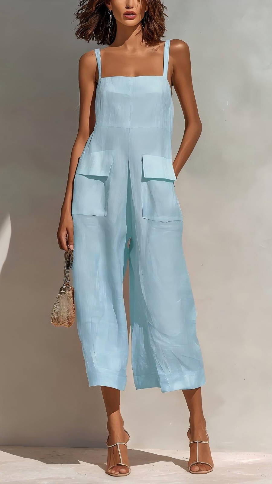 Women's Elegant Sleeveless Cropped Jumpsuit — Loose Fit, Wide-Leg, Thin Straps, Patch Pockets - Nordfashionstorm - Women's Clothing, Fashion for You - Nordfashionstorm.com