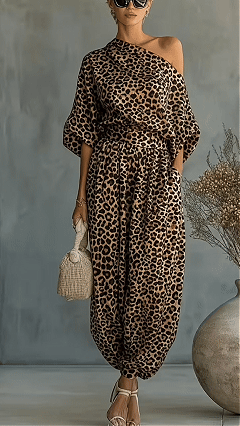 Women's Leopard Print Set: One-Shoulder Top and Harem Pants - Nordfashionstorm - Women's Clothing, Fashion for You - Nordfashionstorm.com