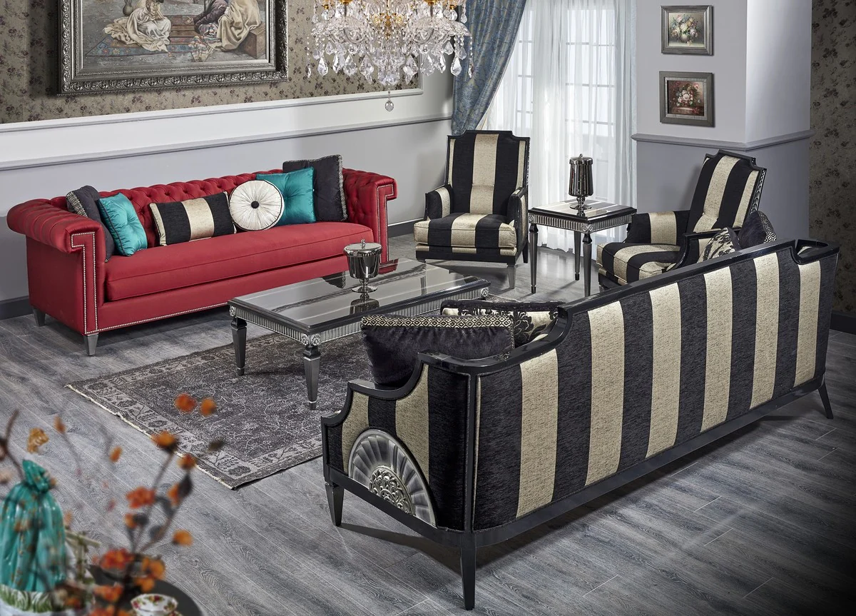 Luxury Baroque Living Room Set Red / Black / Gold / Silver - 2 Sofas & 2 Armchairs & 1 Coffee Table & 1 Side Table - Baroque Living Room Furniture
