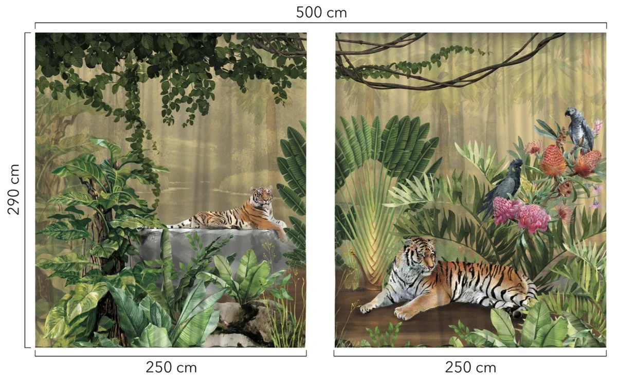 Luxury Curtain Set Jungle & Tiger Multicolored 250 x H. 290 cm - Printed Linen & Velvet Curtains - Eyelet Curtains - Sliding Curtains - Living Room Bedroom Curtains