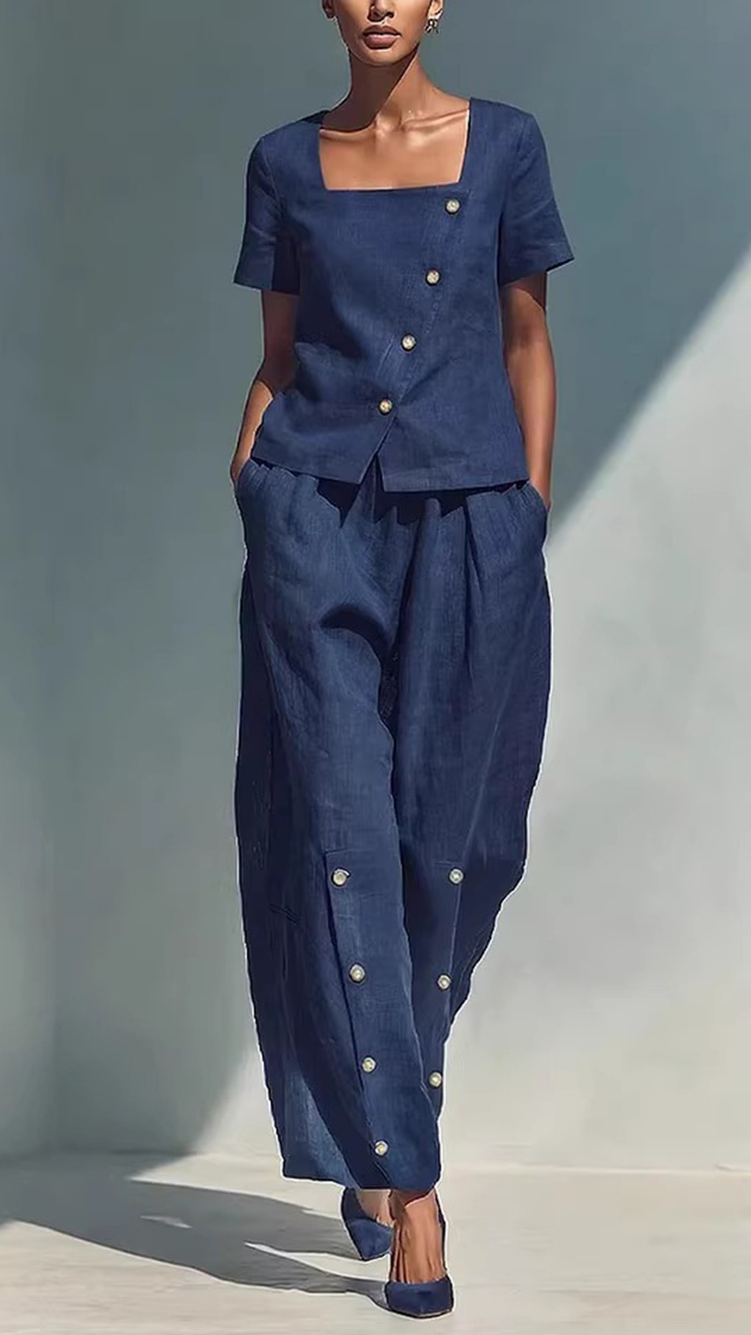 Women's Cotton-Blend Navy Square-Neck Asymmetric Button Short-Sleeve Wide-Leg Pants Set - Nordfashionstorm - Women's Clothing, Fashion for You - Nordfashionstorm.com