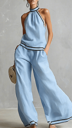 Women's Cotton-Blend Light Blue Halter Contrast Trim Wide-Leg Pants Set - Nordfashionstorm - Women's Clothing, Fashion for You - Nordfashionstorm.com