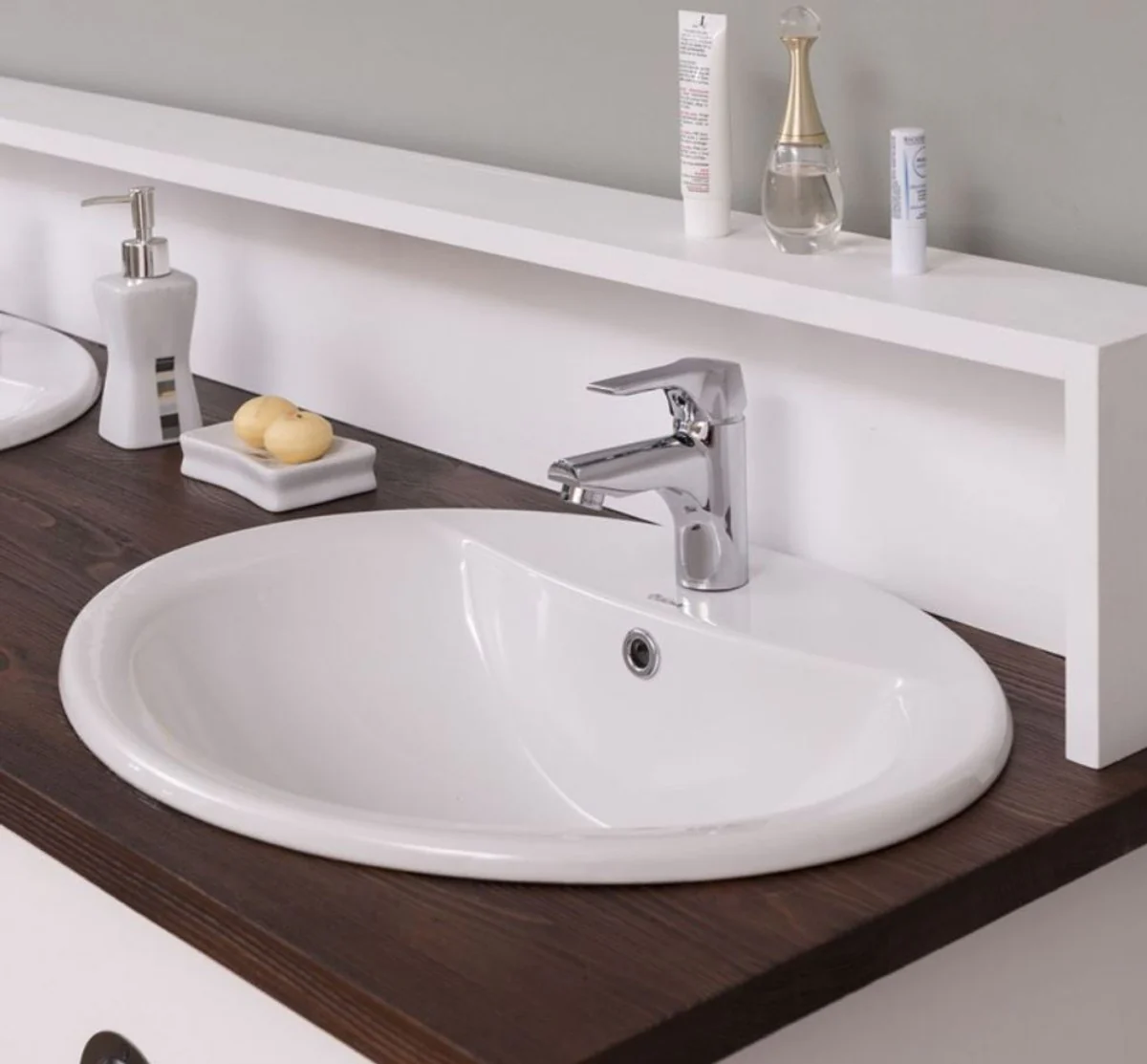 Country house style double washbasin white / dark brown 147 x 51 x H. 110 cm - solid wood washbasin cabinet - bathroom furniture in country house style