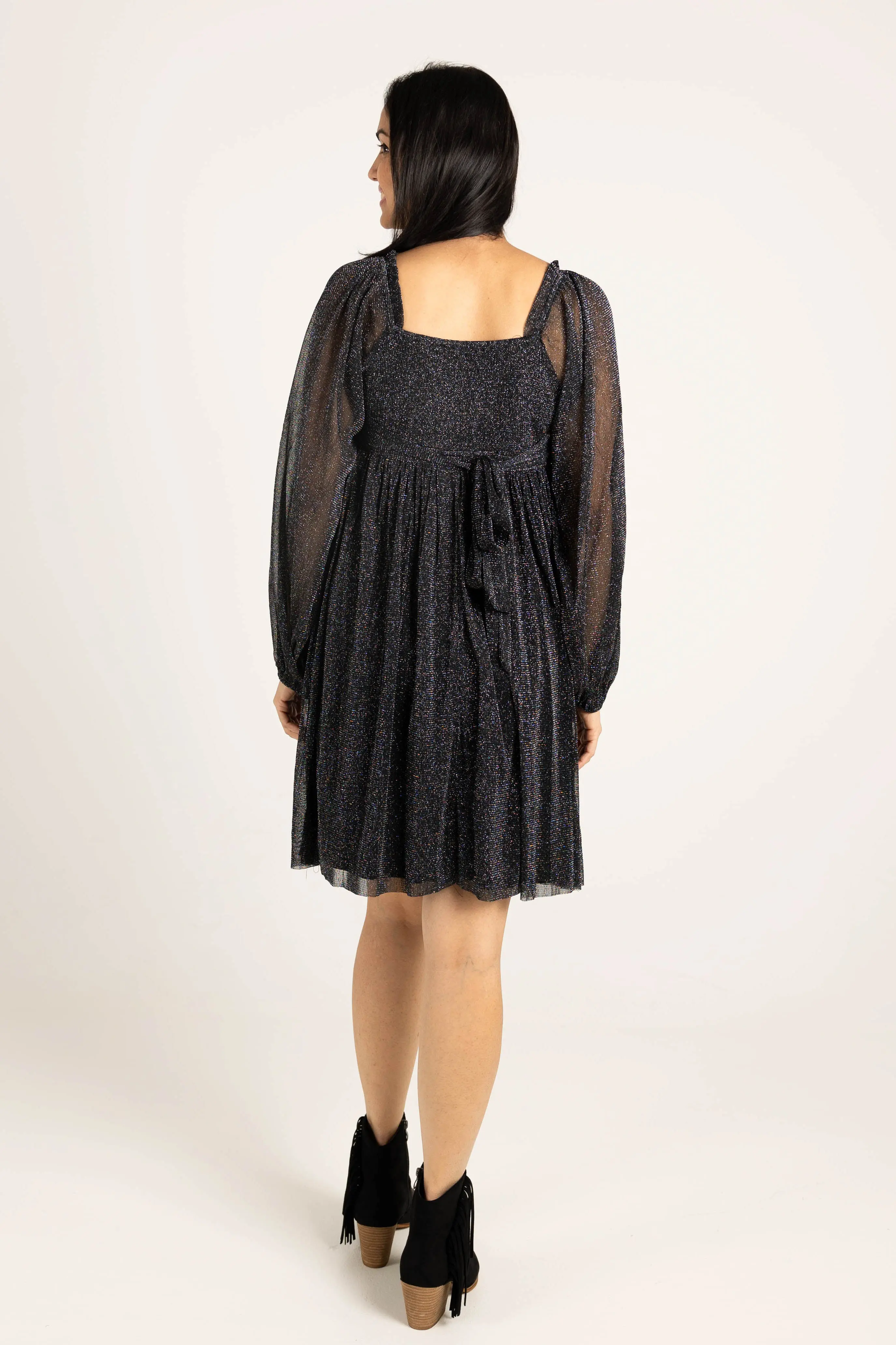 I Remember Everything Glitter Square Neck Babydoll Midi Dress - ALJEGJ