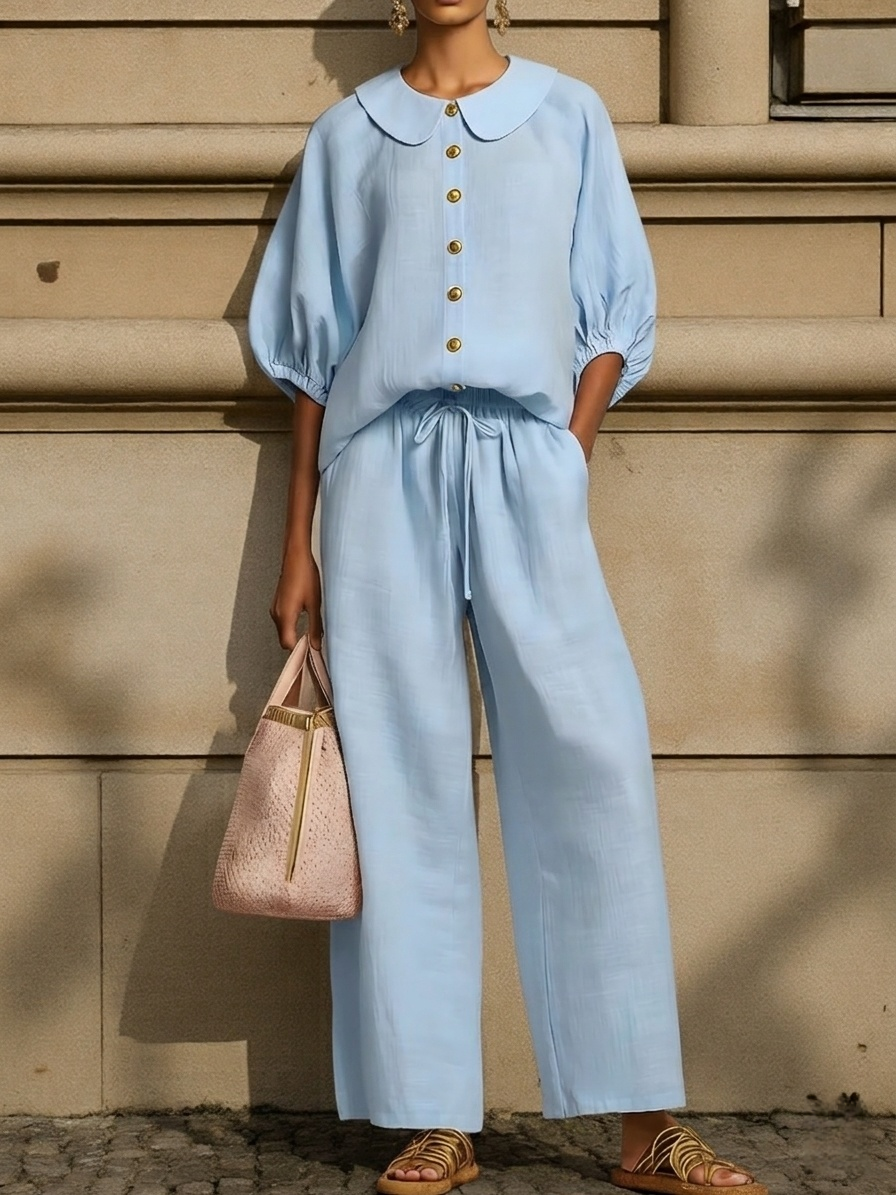 Plus Size Friendly New Arrivals🔥Stylish Peter Pan Collar Shirt And Wide-leg Pant Linen Two-piece Set - Nordfashionstorm - Women's Clothing, Fashion for You - Nordfashionstorm.com