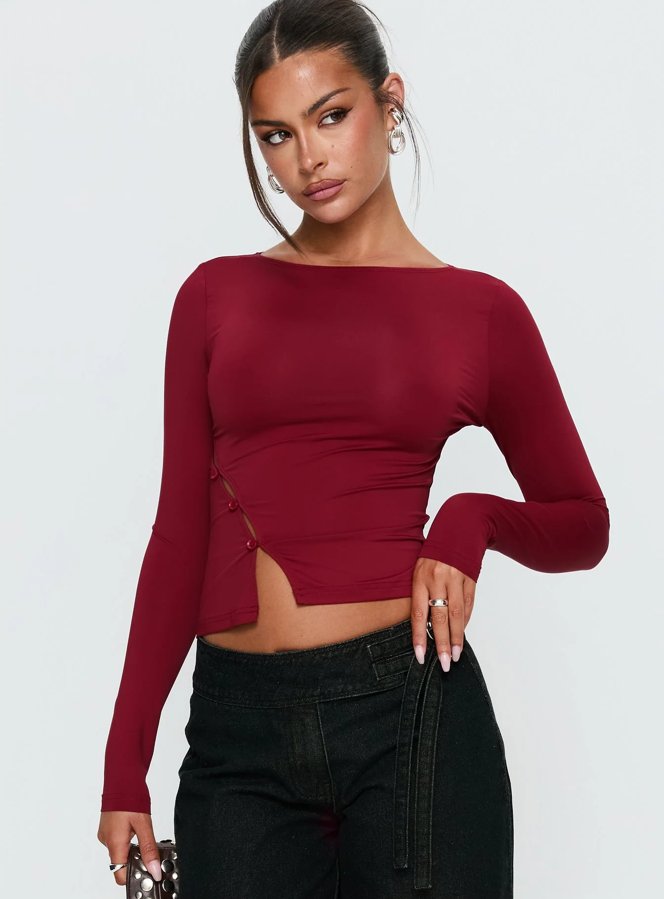 Crowded Room Button Up Long Sleeve Top Wine
