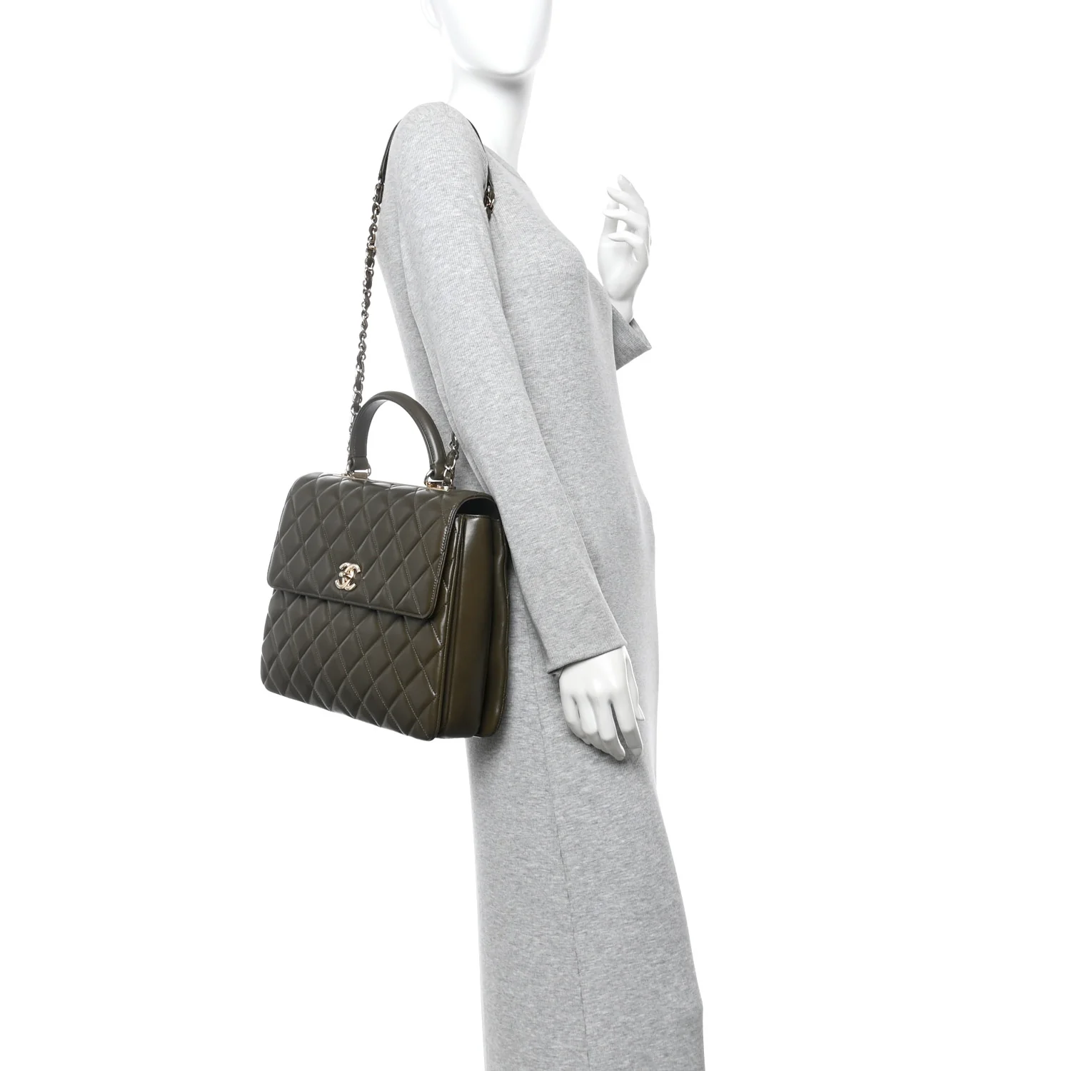 Lambskin Quilted Large Trendy CC Dual Handle Flap Bag Khaki
