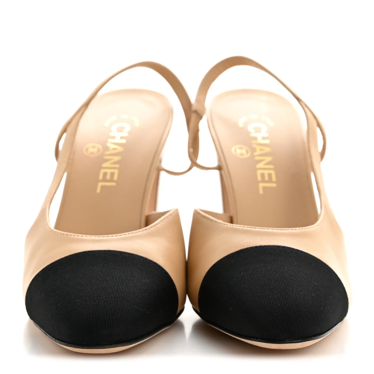 Goatskin Grosgrain Cap Toe CC Slingback Pumps 38.5 Beige Black - Top Club