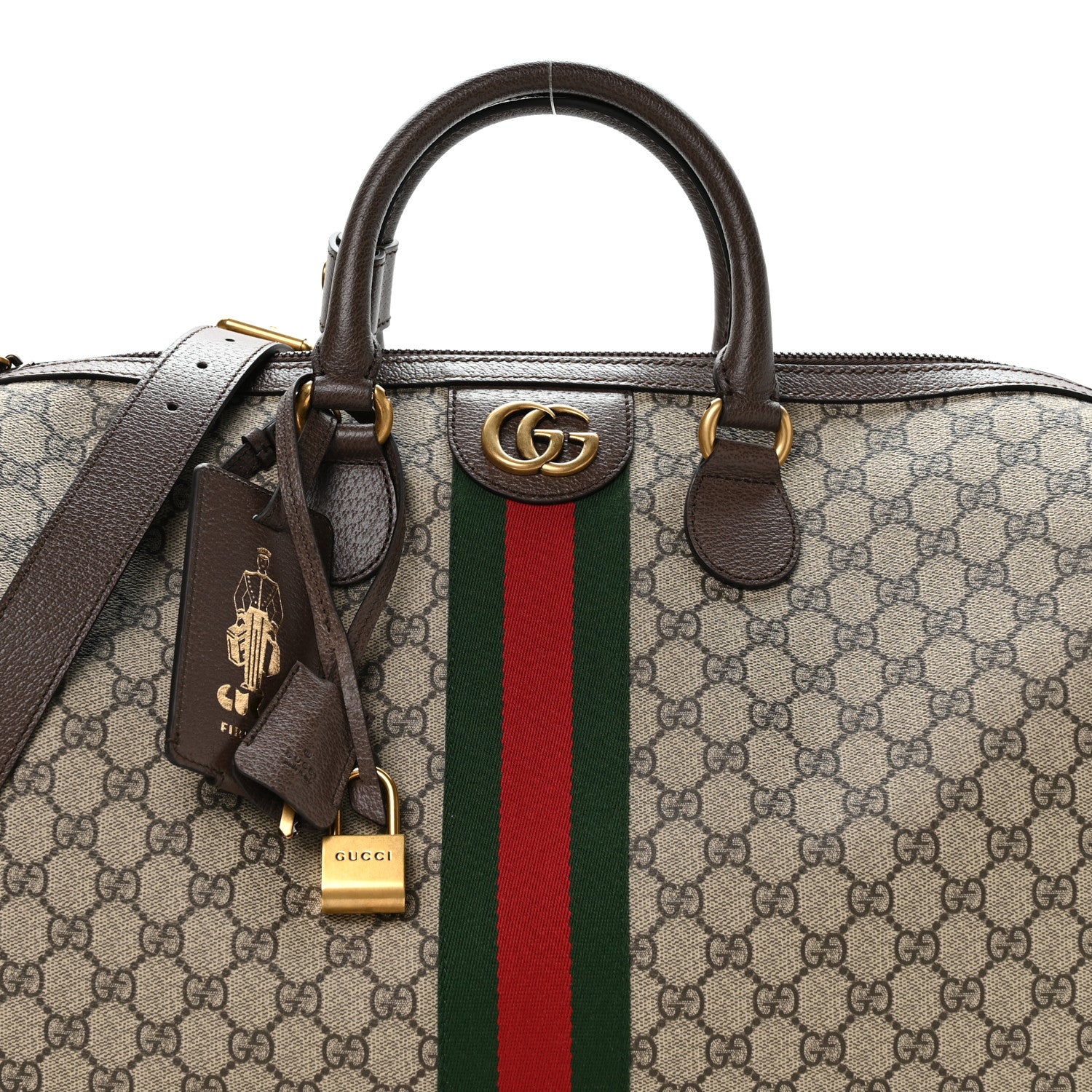 GG Supreme Monogram Textured Dollar Calfskin Web Medium Savoy Duffle Bag Beige Dark Brown - Top Club