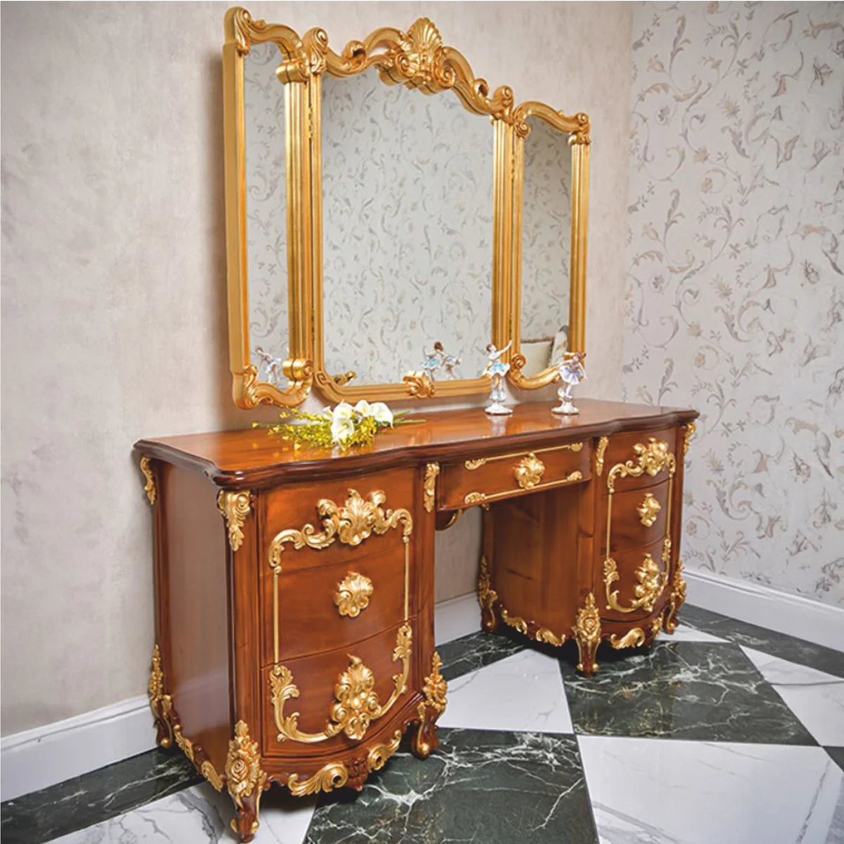 Luxus Barock Schminkkommode Braun / Gold 170 cm - Made in Italy