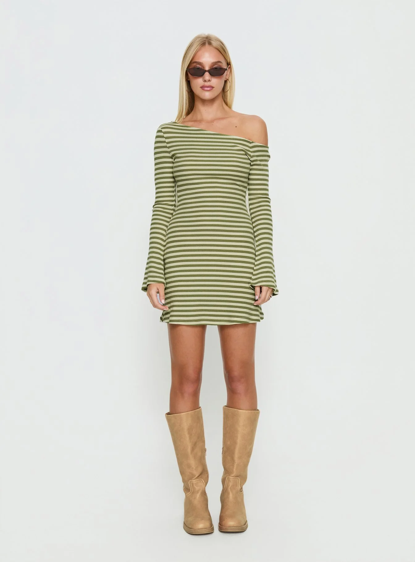 Adrietta Long Sleeve Off Shoulder Mini Dress Cream / Matcha Stripe