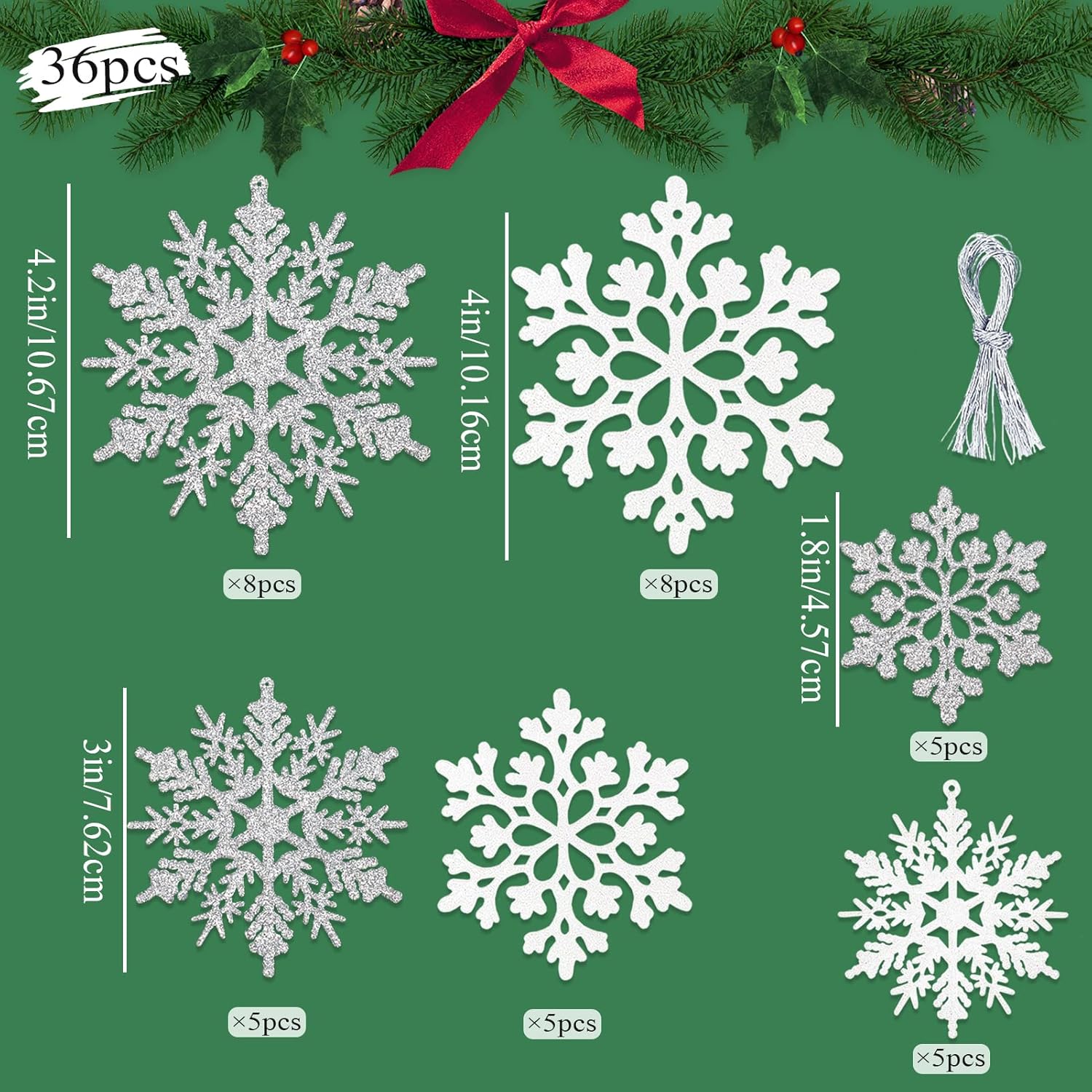 White Silver Christmas Snowflake Ornaments 36Pcs Felt Glitter Hanging Snowflakes Winter Wonderland Frozen Decorations Decor