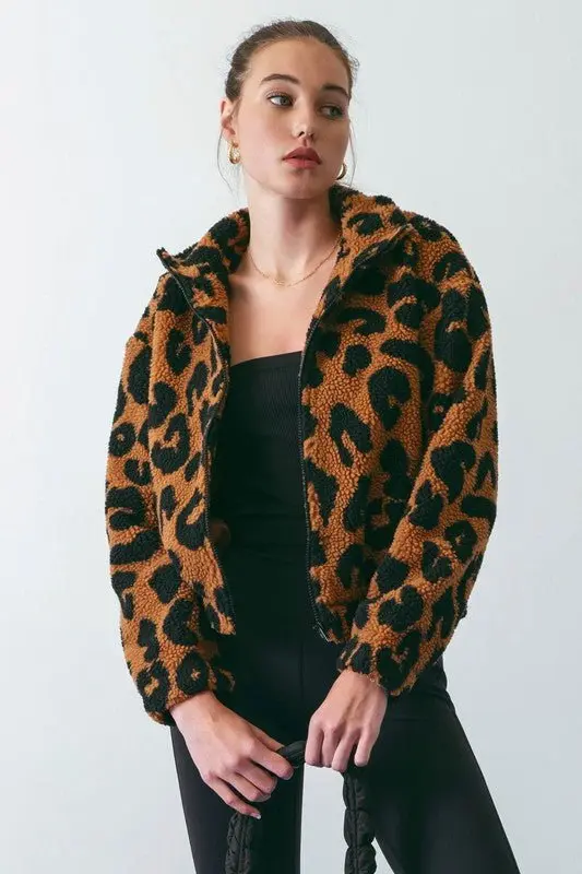 Leopard Faux Sherpa Zip Up Jacket - ALJEGJ