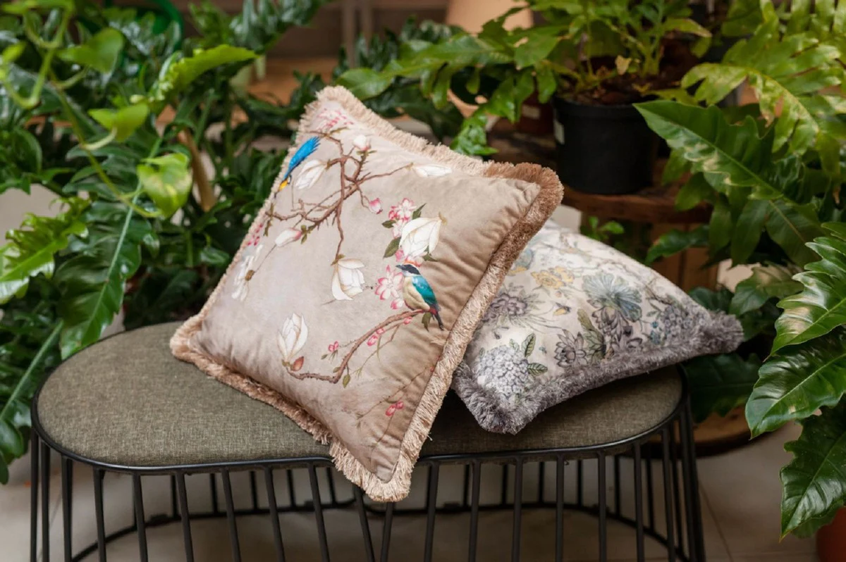 Luxury decorative cushion birds beige / multicolored 45 x 45 cm - printed velvet cushion with fringes - living room decorative accessories
