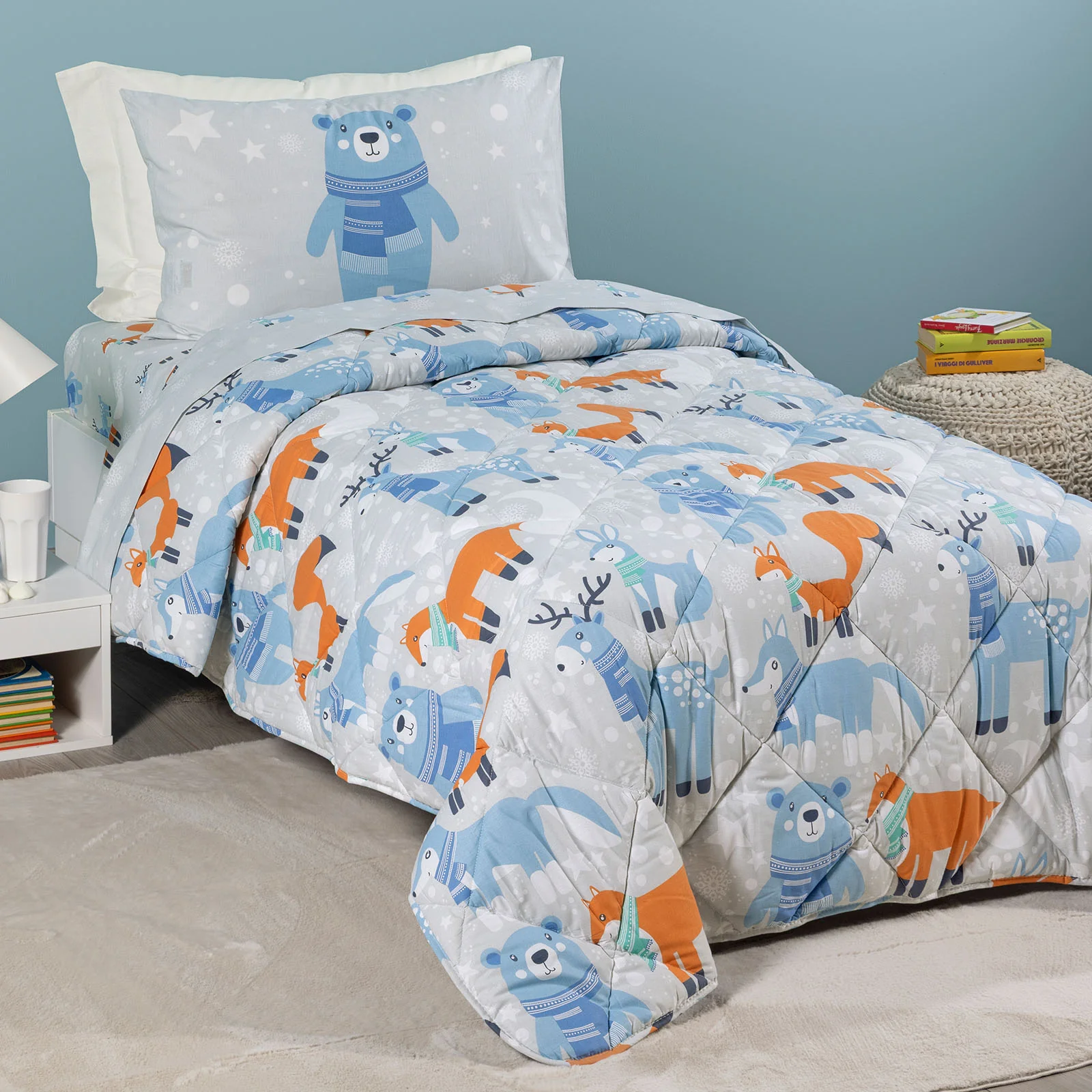 Trapunta In Cotone Teddy Piazza E Mezza Ghiaccio Caleffi Kids