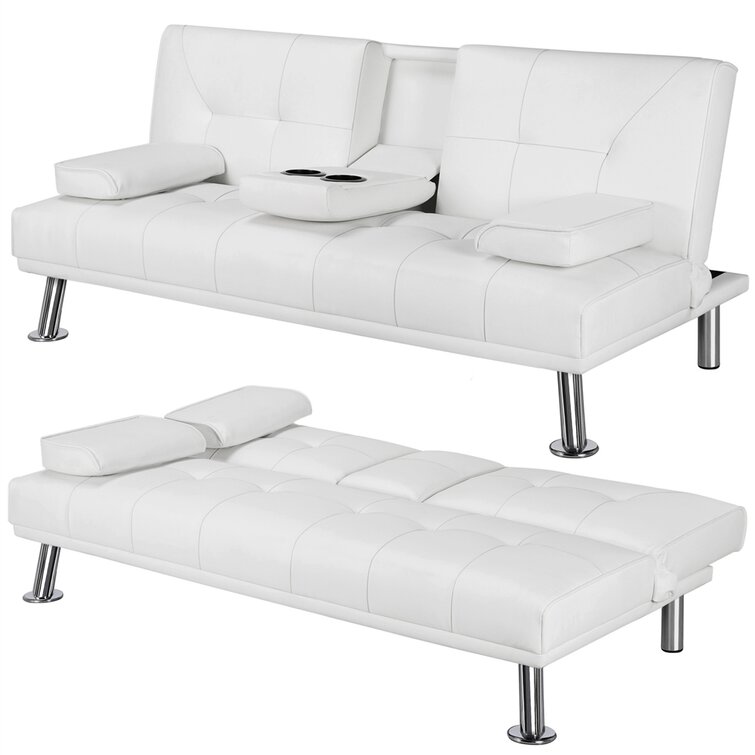 Janni 66''' Wide Faux Leather Cushion Back Convertible Sofa with Cup Holder