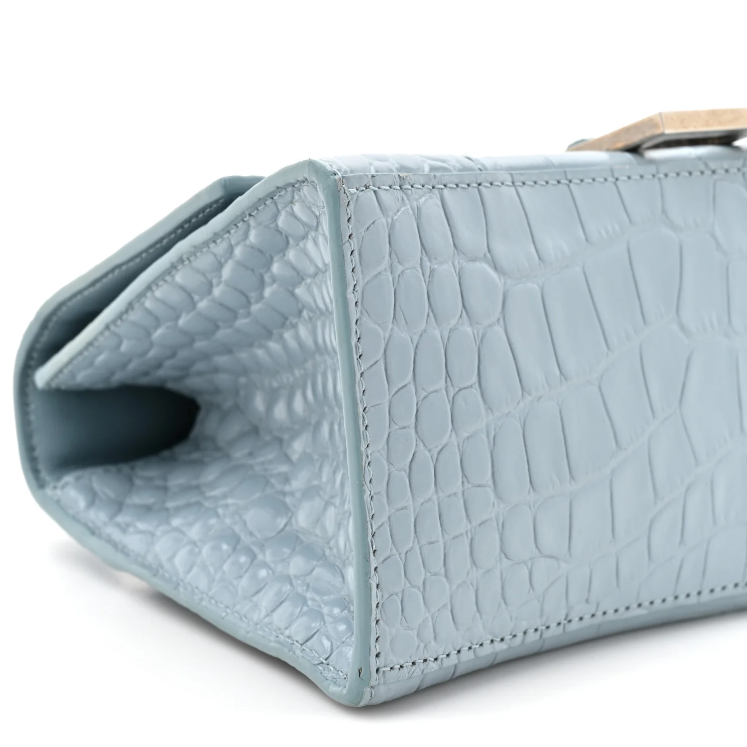 Shiny Calfskin Crocodile Embossed Small Hourglass Top Handle Bag Blue Grey - Top Club