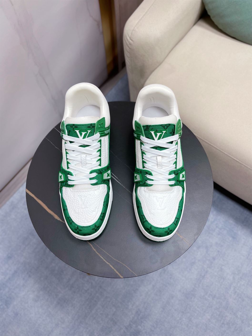 LOUIS VUITTON TRAINER MONOGRAM DENIM WHITE GREEN   LVS001 - Sneaker Replica Workshop
