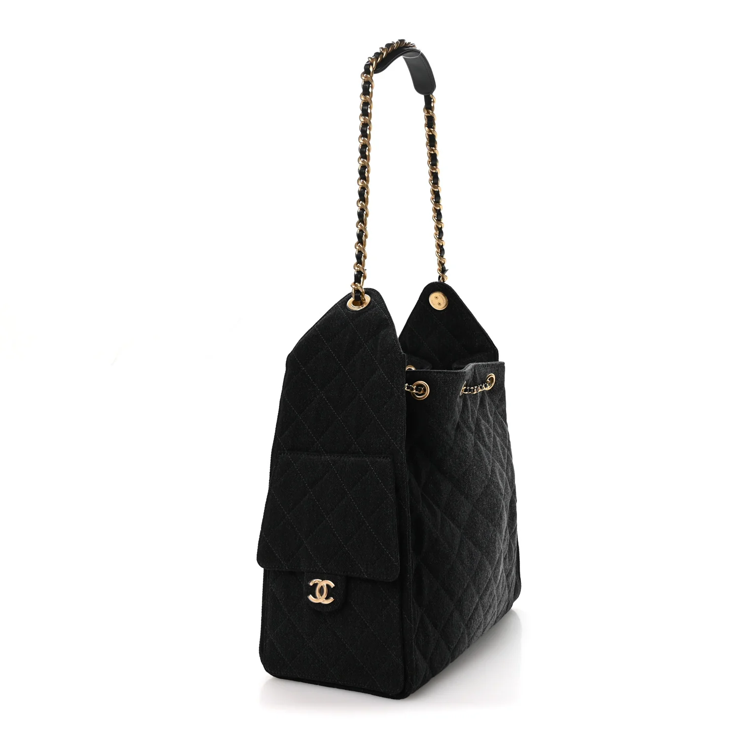 Washed Denim Quilted Medium Chanel 25 Handbag Black - Top Club