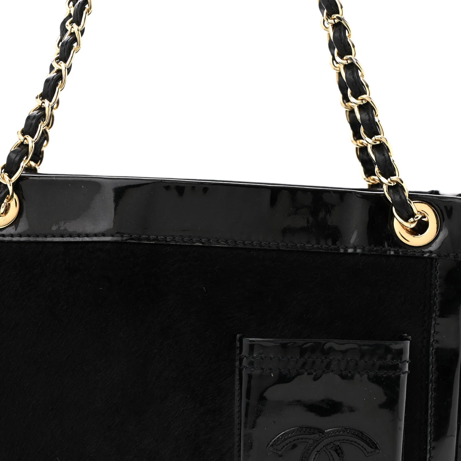 Patent Pony Hair Small Pocket Tote Black - Top Club