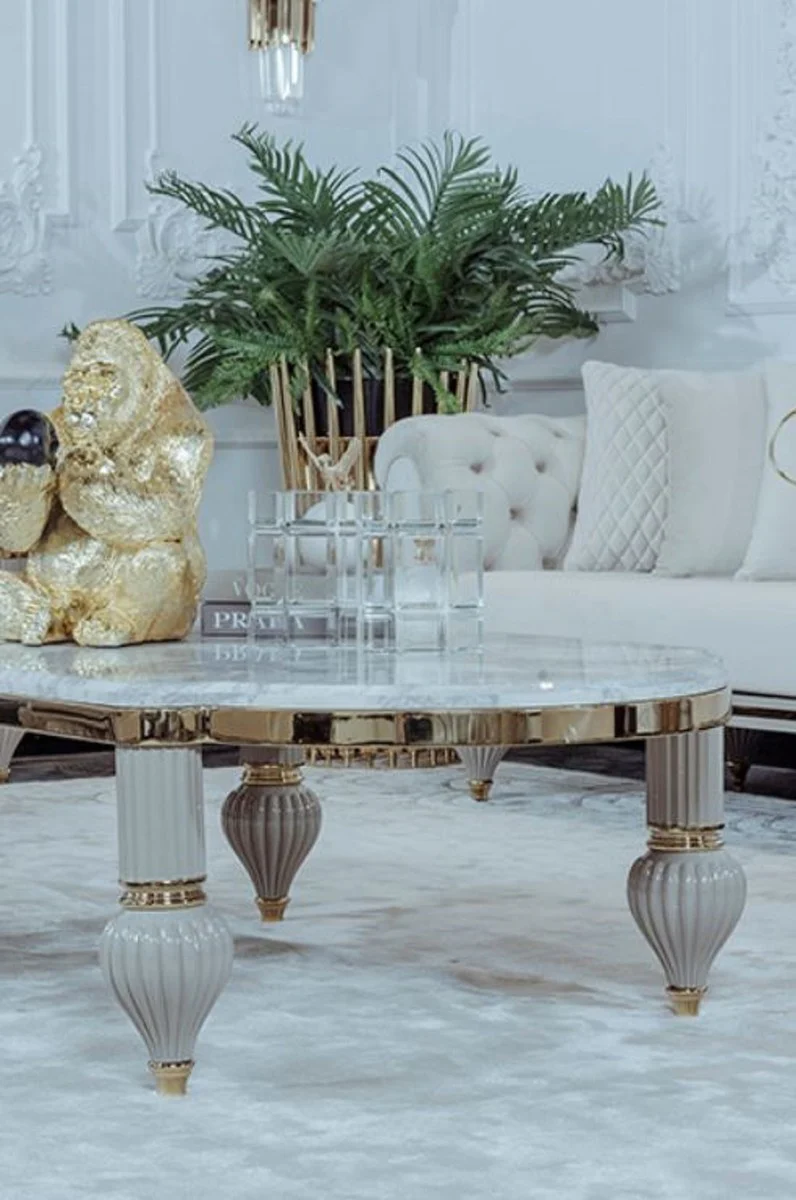 Luxury Art Deco coffee table gray / white / gold 160 x 87 x H. 46 cm - Magnificent solid wood living room table with artificial marble table top - Art Deco living room furniture