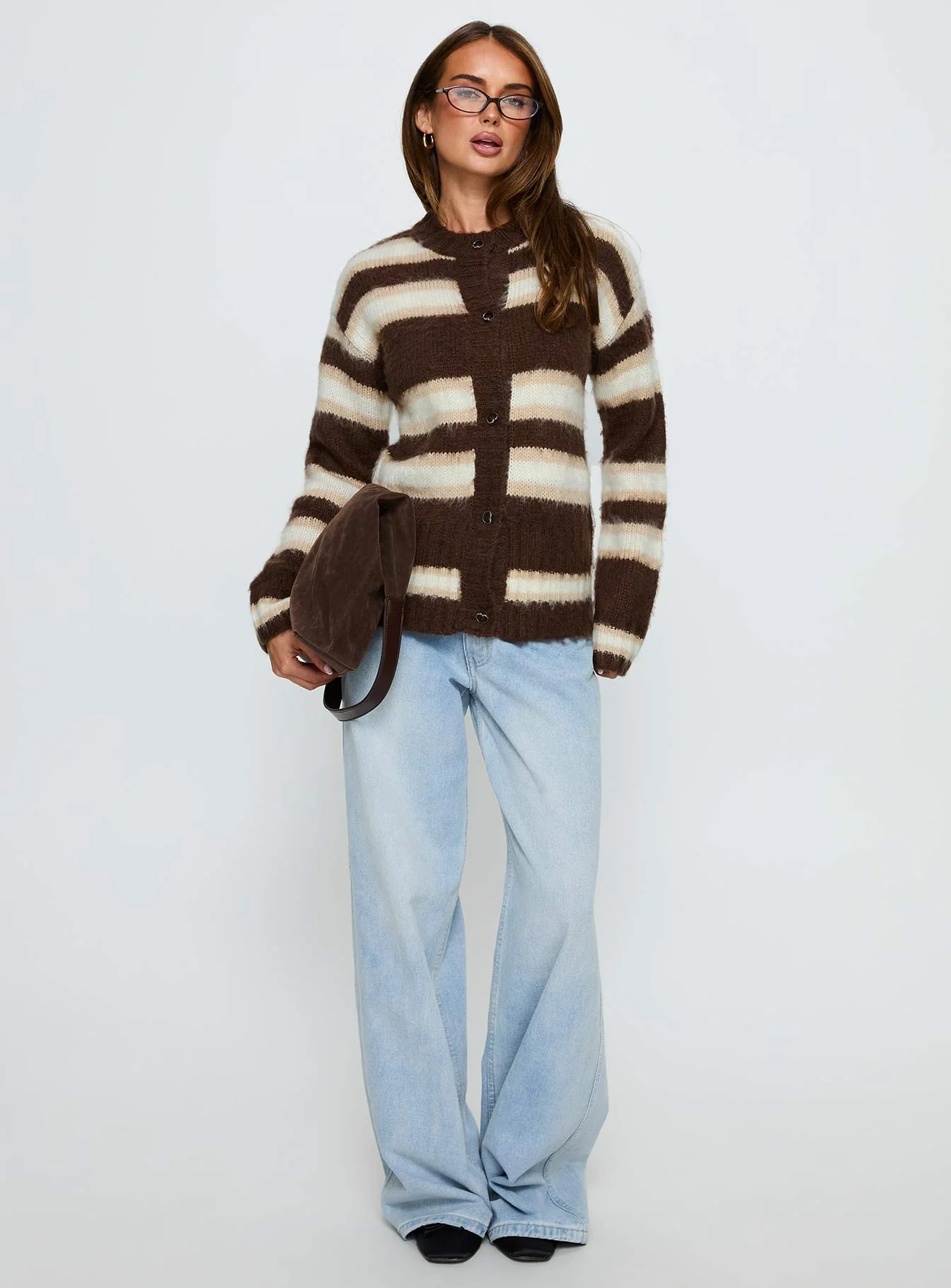 Cultivated Fluffy Knit Cardigan Brown Stripe