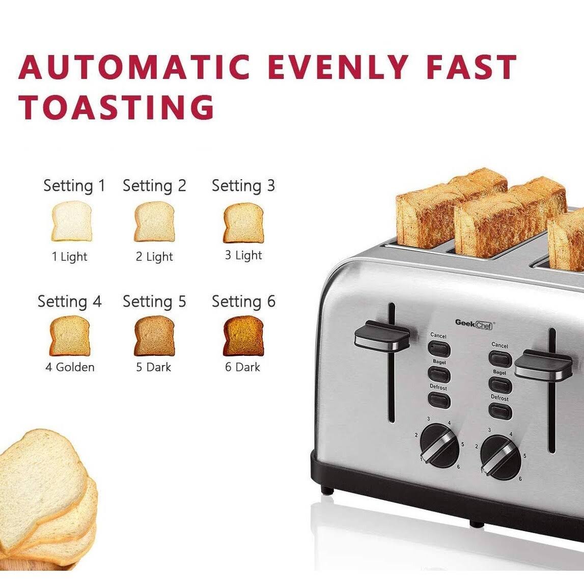 Extra Wide Slots Toaster 4 Slice, 6 Browning Settings Auto Pop-Up - Stainless Steel - 10.9 W x 11.8 D x 7.1 H Inches - Silver